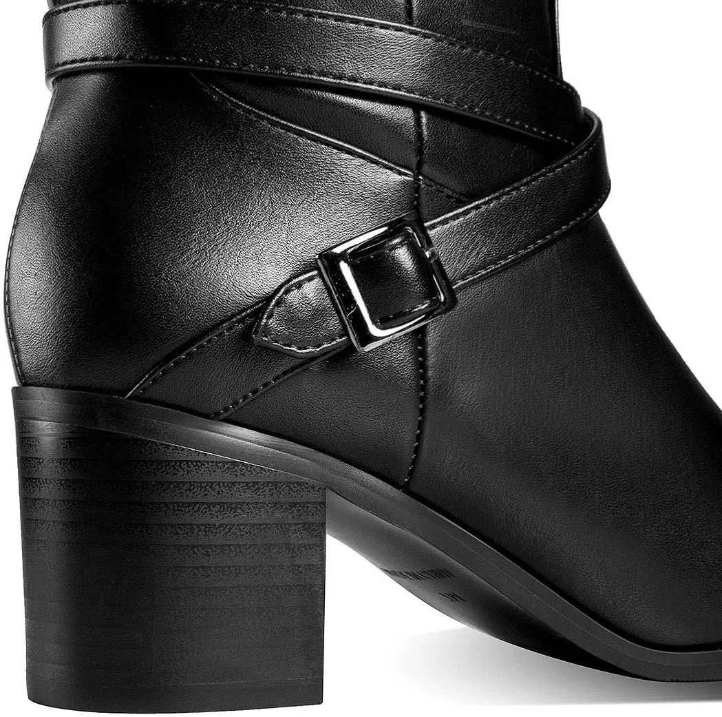 ANN CREEK 'Jumas' Women's Knee-high Square Toe Block Heel Crisscross Buckle Straps Cowboy Riding Boots