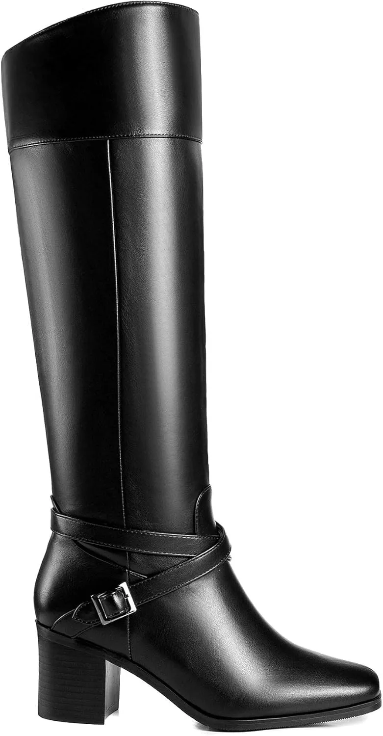 ANN CREEK 'Jumas' Women's Knee-high Square Toe Block Heel Crisscross Buckle Straps Cowboy Riding Boots