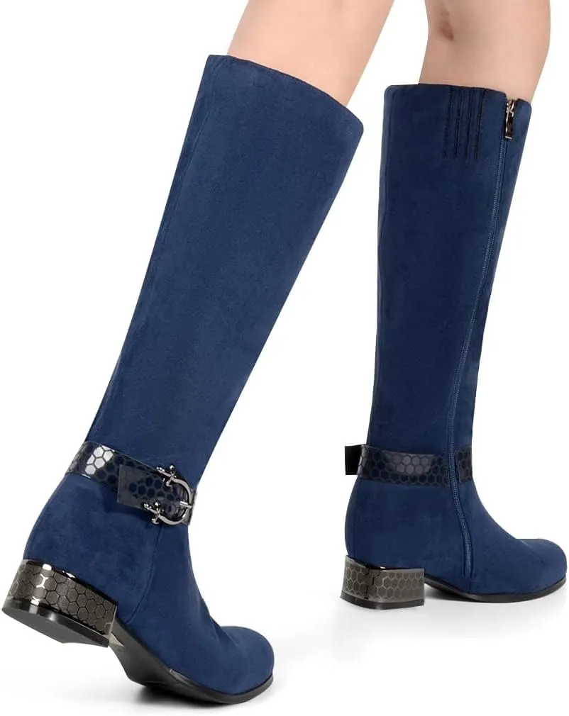 ANN CREEK Women's 'Orizea' Low Block Heel Beehive Patterned Straps Faux Suede Boots