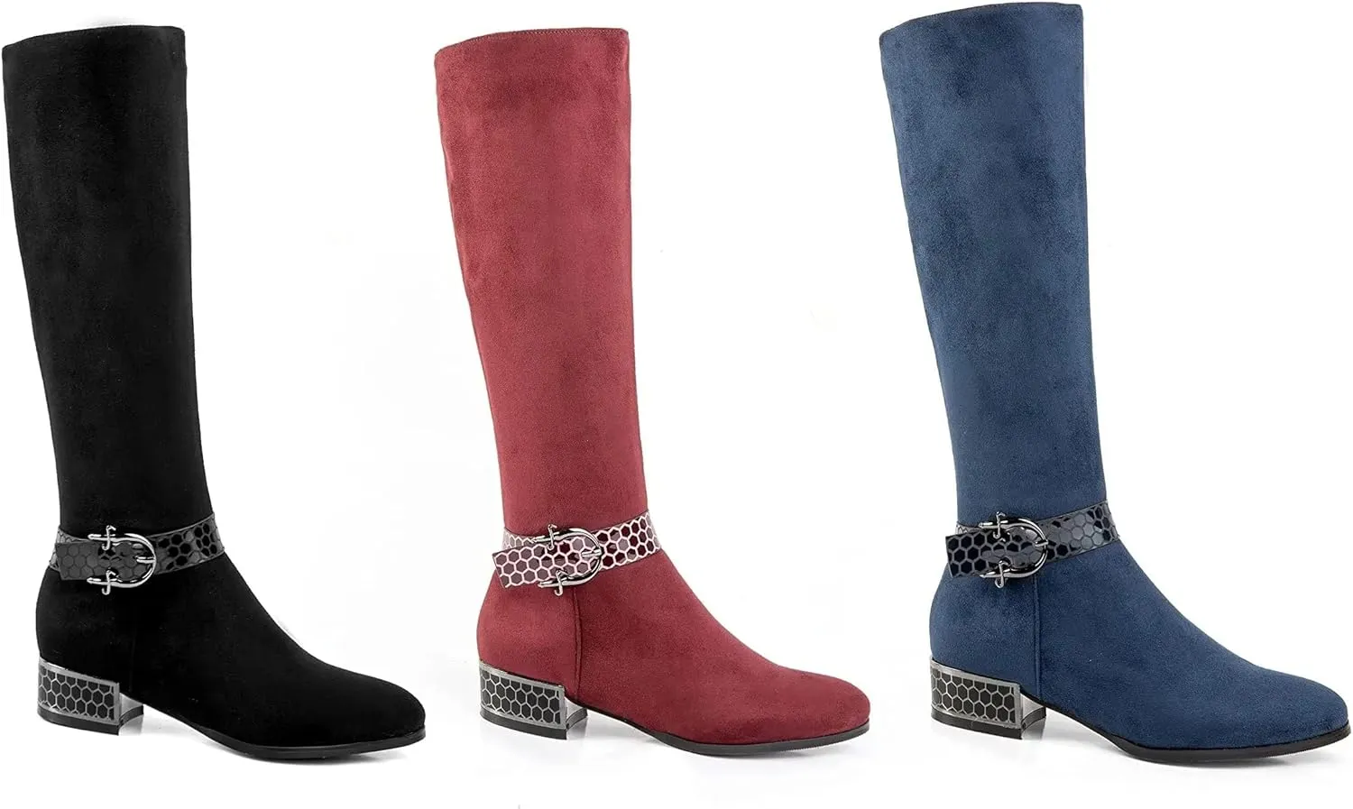 ANN CREEK Women's 'Orizea' Low Block Heel Beehive Patterned Straps Faux Suede Boots