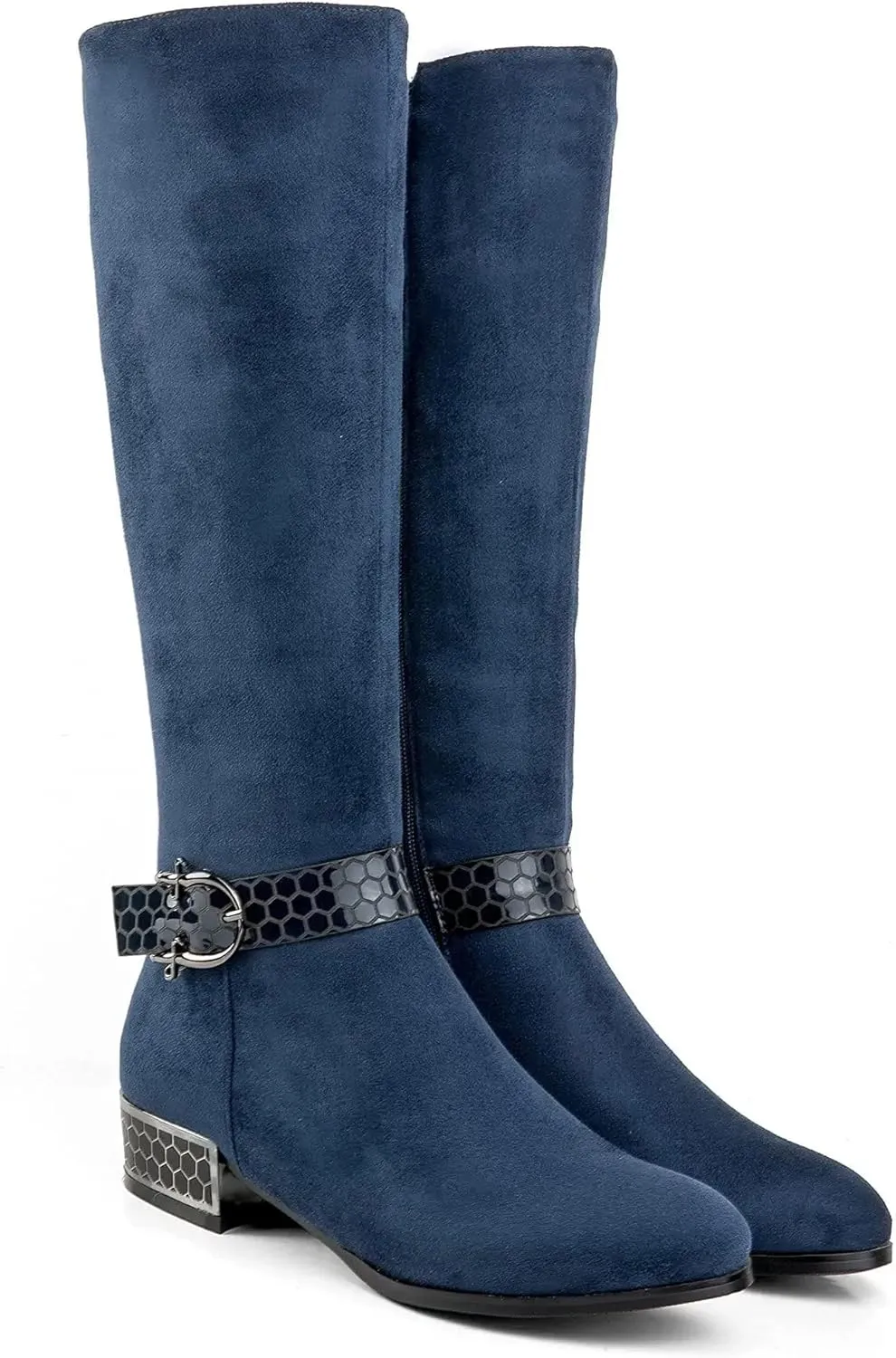 ANN CREEK Women's 'Orizea' Low Block Heel Beehive Patterned Straps Faux Suede Boots