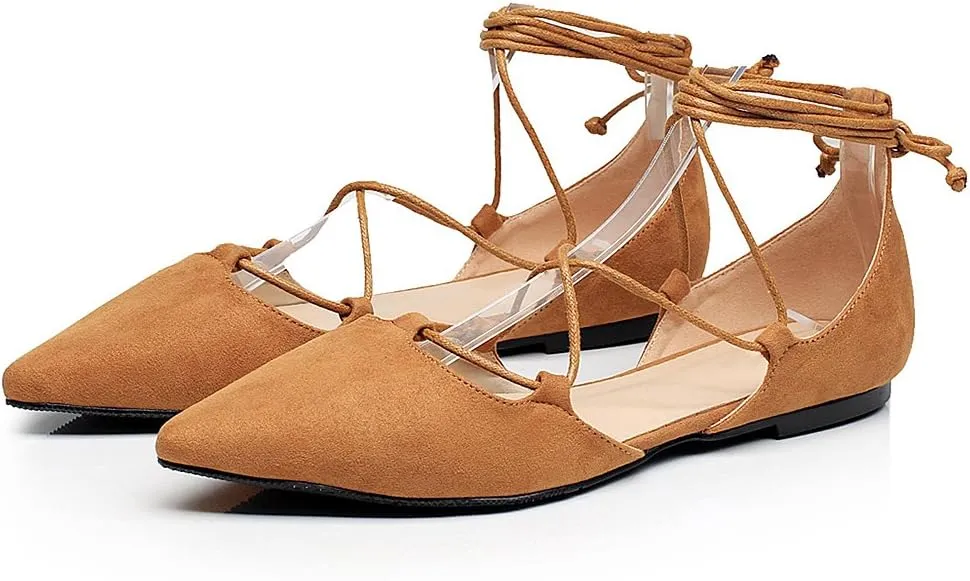 ANUFER Women Soft Faux Suede Flat Pointed Toe Pumps Fancy Cross Lace Up Ballerinas Shoes