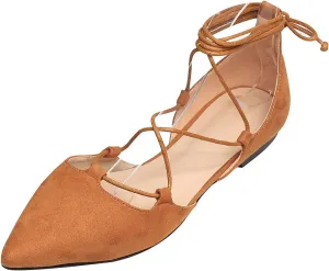 ANUFER Women Soft Faux Suede Flat Pointed Toe Pumps Fancy Cross Lace Up Ballerinas Shoes