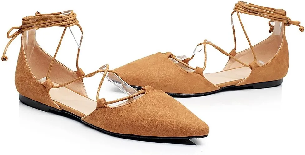ANUFER Women Soft Faux Suede Flat Pointed Toe Pumps Fancy Cross Lace Up Ballerinas Shoes