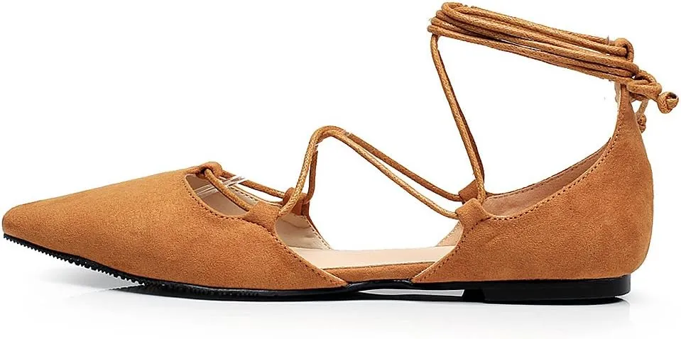 ANUFER Women Soft Faux Suede Flat Pointed Toe Pumps Fancy Cross Lace Up Ballerinas Shoes