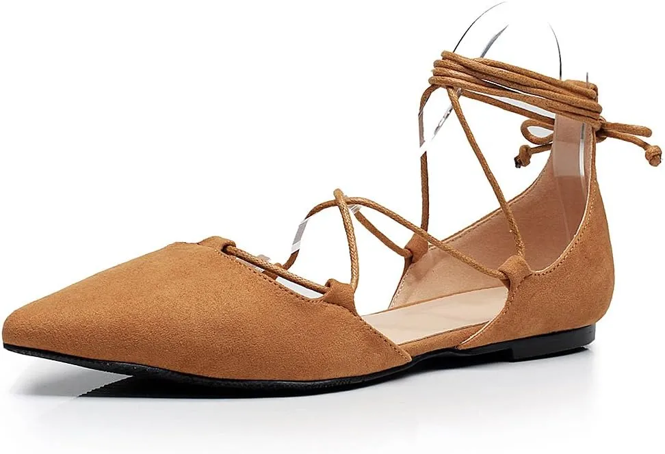 ANUFER Women Soft Faux Suede Flat Pointed Toe Pumps Fancy Cross Lace Up Ballerinas Shoes