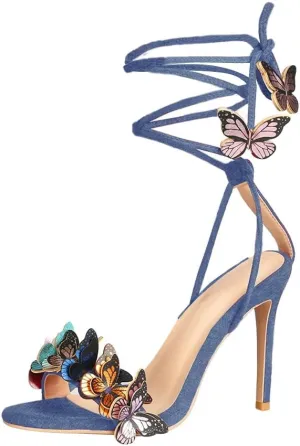 Arqa Strappy Sandals for Women Butterfly Ankle Wrap Stiletto High Heels Open Toe Suede Lace-up Heeled Sandal Wedding Bride Dressy Pumps