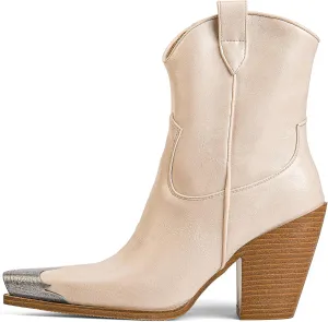 Arqa Women's Western Boots Etched Metal Toe Cowgirl Booties Stacked Block Heel Ankle Boots Side Zipper Vintage Cowboy Boot