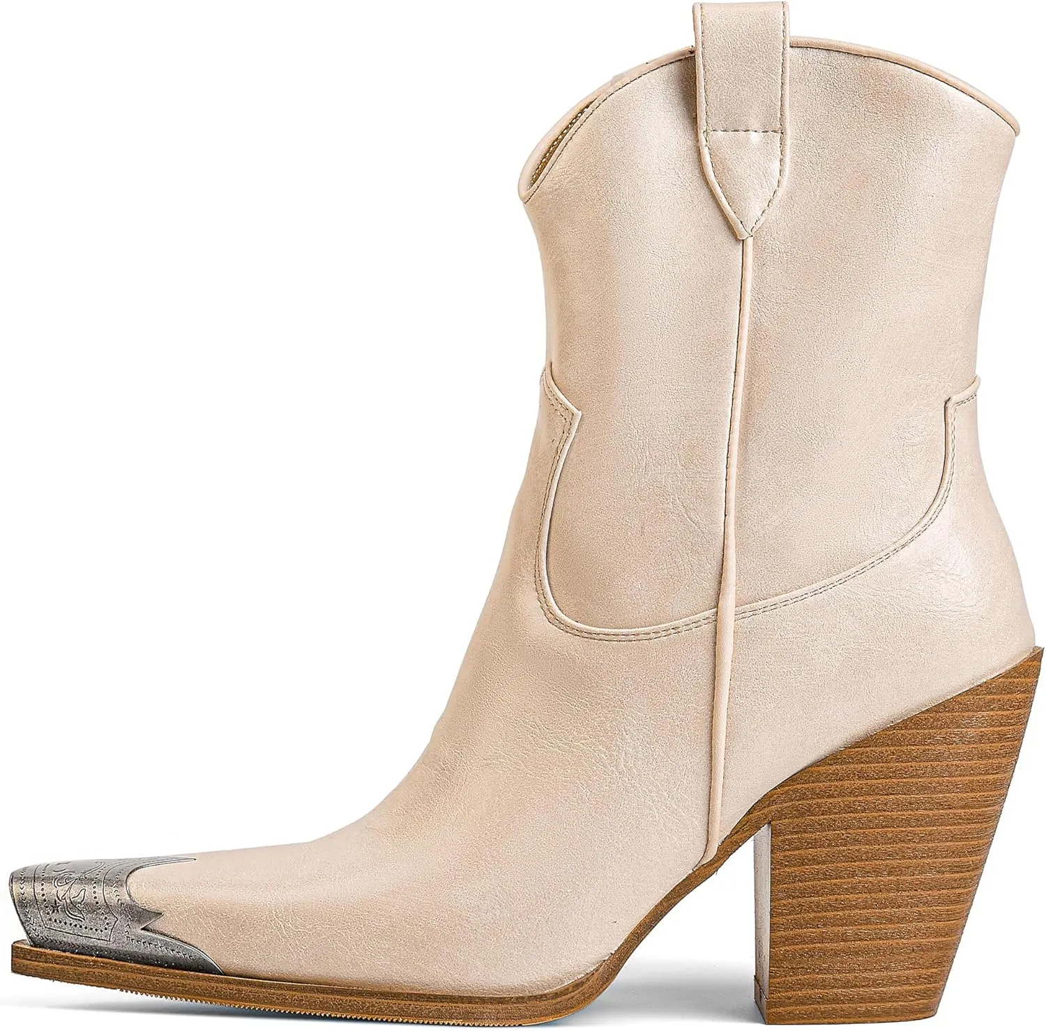 Arqa Women's Western Boots Etched Metal Toe Cowgirl Booties Stacked Block Heel Ankle Boots Side Zipper Vintage Cowboy Boot