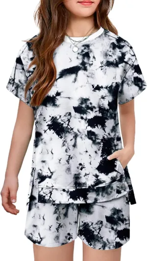 Arshiner Girls 2 Piece Outfit Summer Short Sleeve Loose Fit T-Shirt and Shorts Set Casual Activewear High-Low Hem Sweatshirt