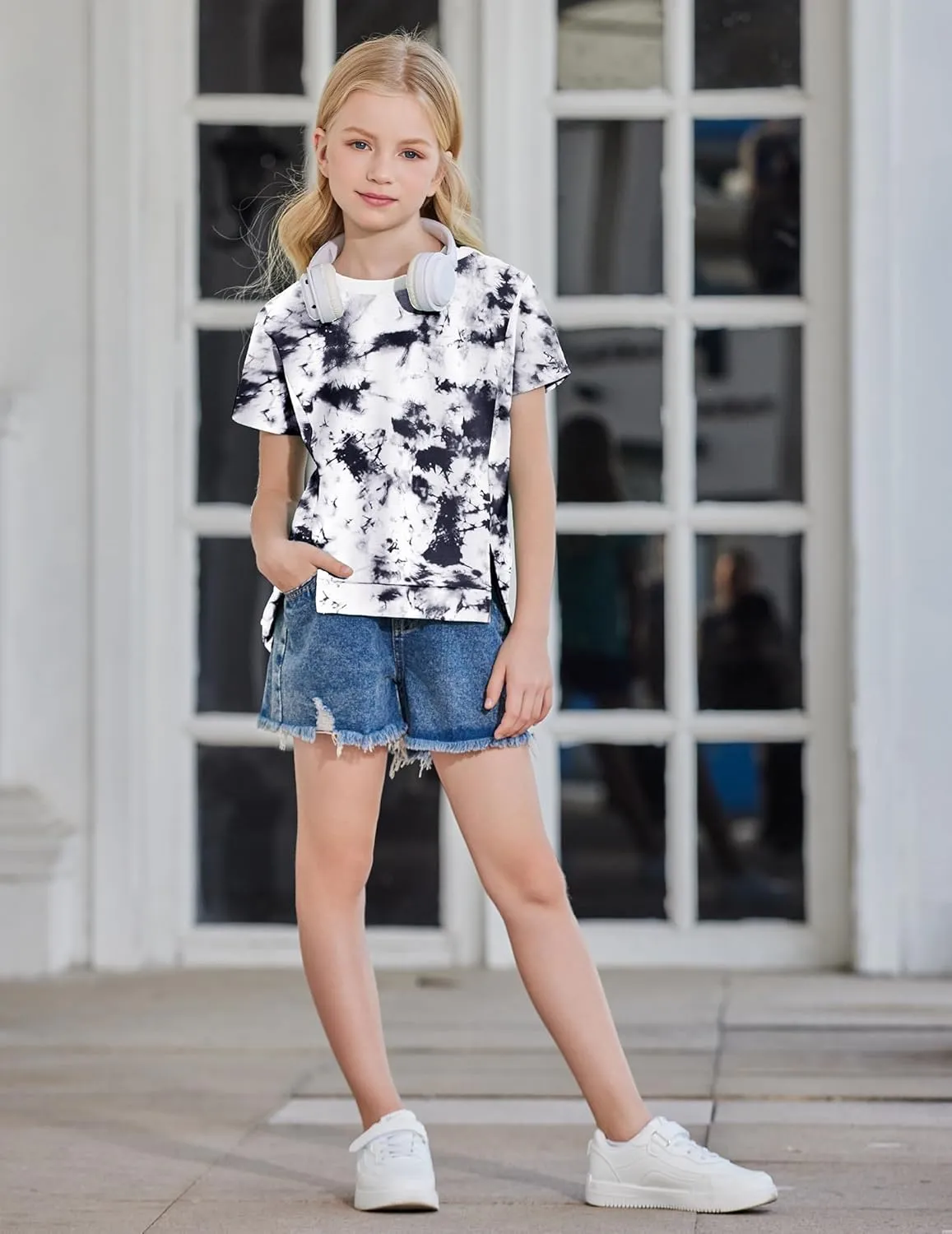 Arshiner Girls 2 Piece Outfit Summer Short Sleeve Loose Fit T-Shirt and Shorts Set Casual Activewear High-Low Hem Sweatshirt