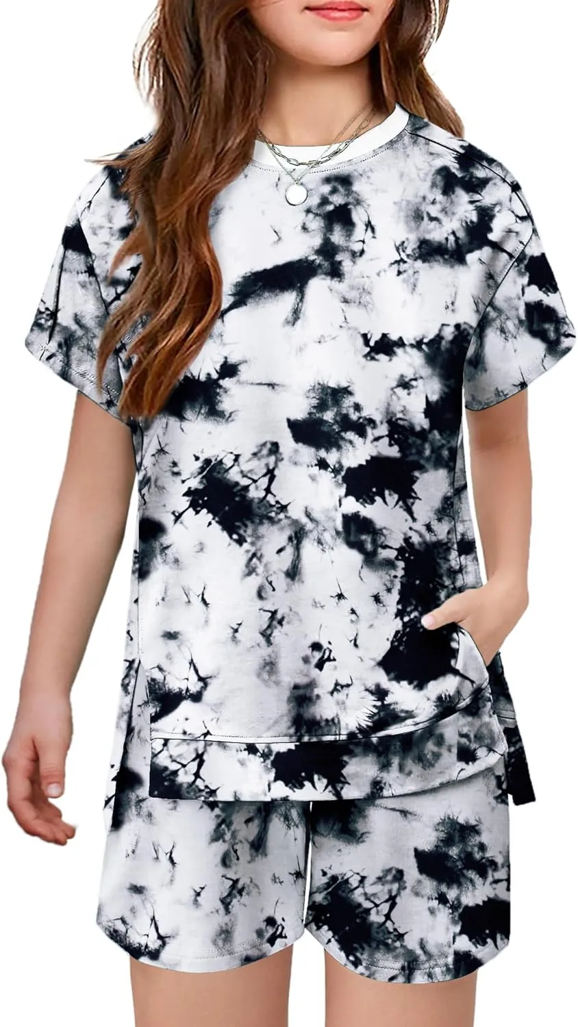 Arshiner Girls 2 Piece Outfit Summer Short Sleeve Loose Fit T-Shirt and Shorts Set Casual Activewear High-Low Hem Sweatshirt