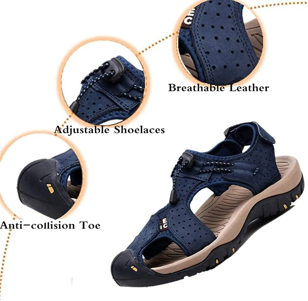 Asifn Men's Outdoor Hiking Leather Sandals Water Shoes Slides Closed Toe Sport Walking Fishermen Climbing Summer Athletic