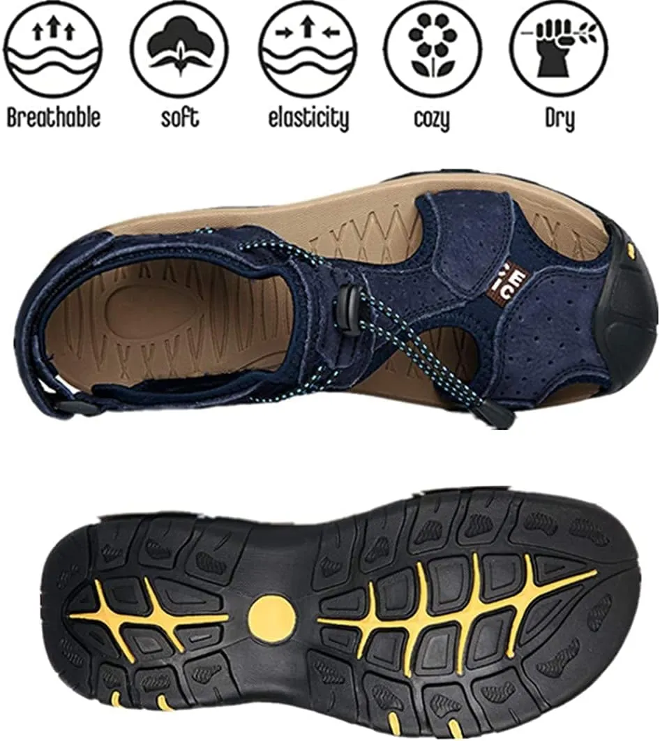 Asifn Men's Outdoor Hiking Leather Sandals Water Shoes Slides Closed Toe Sport Walking Fishermen Climbing Summer Athletic