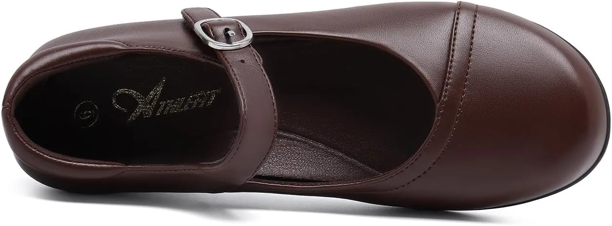 Athlefit Mary Jane Flats for Women Dressy Ballet Flats Shoes Comfortable Round Toe Buckle Work Flat Shoes
