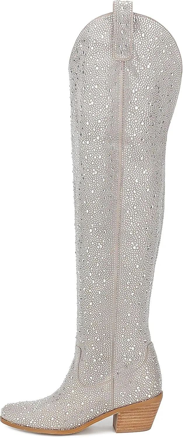 Atuelang Women's Rhinestone Cowboy Boots Sparkly Knee High Boots Fashion Pointed Toe Block Heel Mid Calf Cowgirl Short Ankle Booties