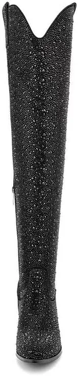 Atuelang Women's Rhinestone Cowboy Boots Sparkly Knee High Boots Fashion Pointed Toe Block Heel Mid Calf Cowgirl Short Ankle Booties