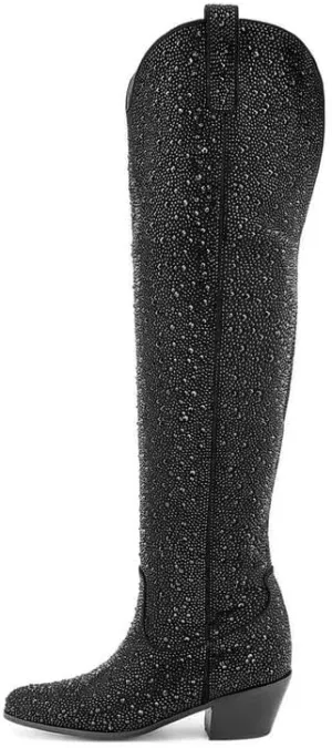 Atuelang Women's Rhinestone Cowboy Boots Sparkly Knee High Boots Fashion Pointed Toe Block Heel Mid Calf Cowgirl Short Ankle Booties
