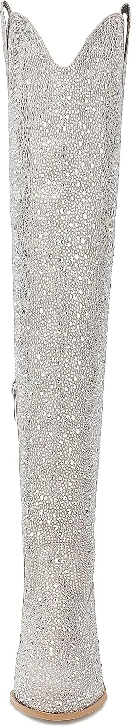 Atuelang Women's Rhinestone Cowboy Boots Sparkly Knee High Boots Fashion Pointed Toe Block Heel Mid Calf Cowgirl Short Ankle Booties