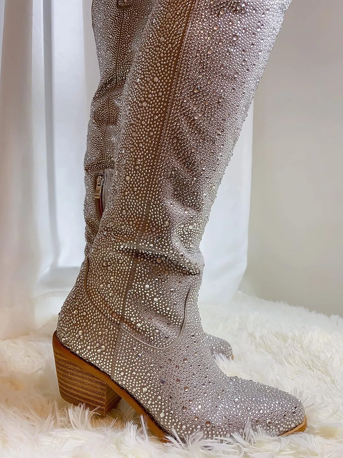 Atuelang Women's Rhinestone Cowboy Boots Sparkly Knee High Boots Fashion Pointed Toe Block Heel Mid Calf Cowgirl Short Ankle Booties