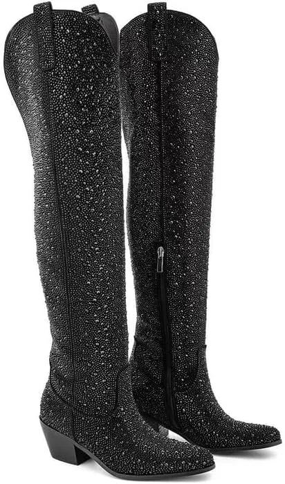 Atuelang Women's Rhinestone Cowboy Boots Sparkly Knee High Boots Fashion Pointed Toe Block Heel Mid Calf Cowgirl Short Ankle Booties