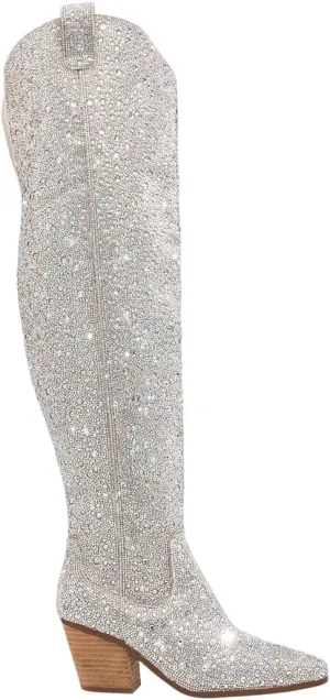 Atuelang Women's Rhinestone Cowboy Boots Sparkly Knee High Boots Fashion Pointed Toe Block Heel Mid Calf Cowgirl Short Ankle Booties