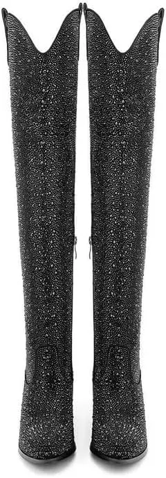 Atuelang Women's Rhinestone Cowboy Boots Sparkly Knee High Boots Fashion Pointed Toe Block Heel Mid Calf Cowgirl Short Ankle Booties
