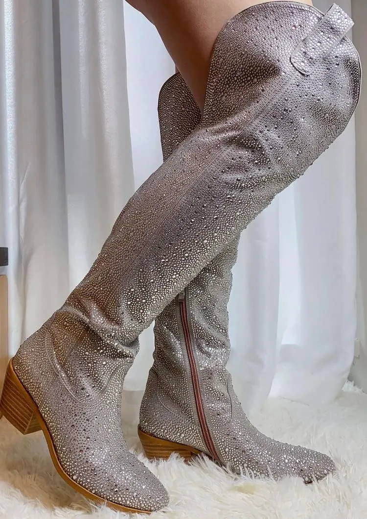 Atuelang Women's Rhinestone Cowboy Boots Sparkly Knee High Boots Fashion Pointed Toe Block Heel Mid Calf Cowgirl Short Ankle Booties