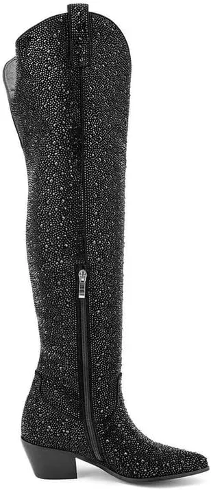 Atuelang Women's Rhinestone Cowboy Boots Sparkly Knee High Boots Fashion Pointed Toe Block Heel Mid Calf Cowgirl Short Ankle Booties