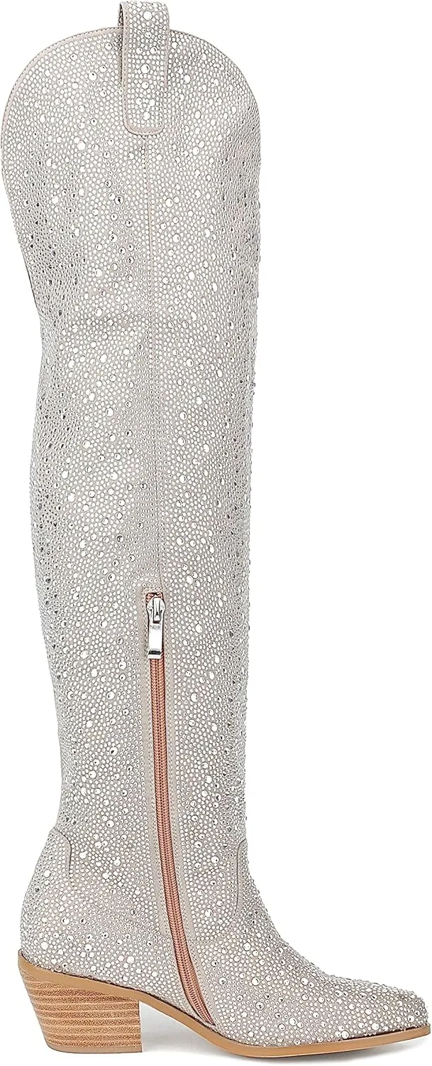 Atuelang Women's Rhinestone Cowboy Boots Sparkly Knee High Boots Fashion Pointed Toe Block Heel Mid Calf Cowgirl Short Ankle Booties