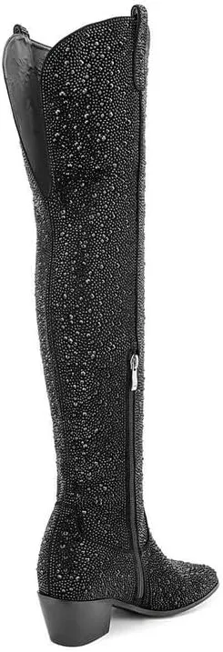 Atuelang Women's Rhinestone Cowboy Boots Sparkly Knee High Boots Fashion Pointed Toe Block Heel Mid Calf Cowgirl Short Ankle Booties