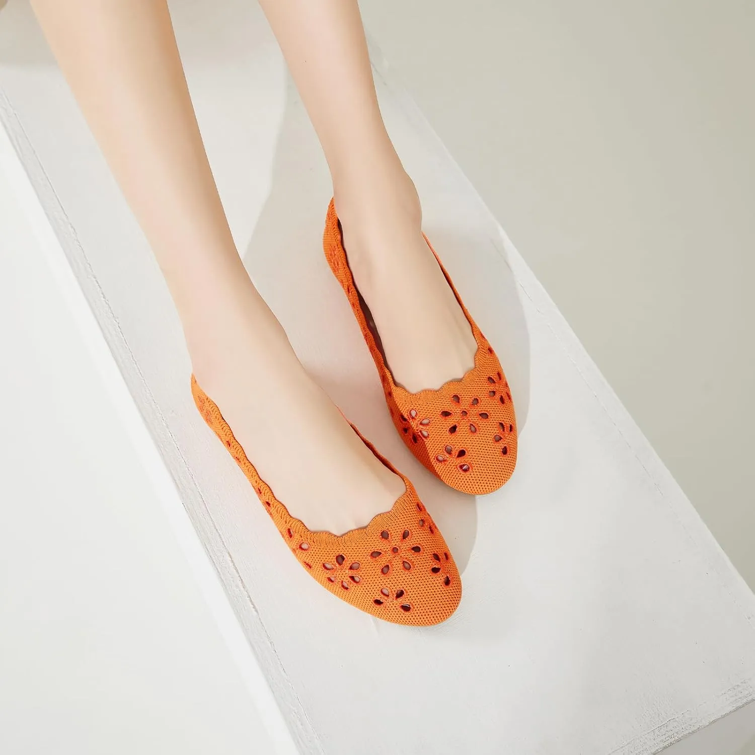 BABUDOG Knit Ballet Flats Shoes for Women,Womens Flats Dressy Comfortable,Women’s Dress Shoes with Flower Eyelets,Slip on Casual Walking Flats