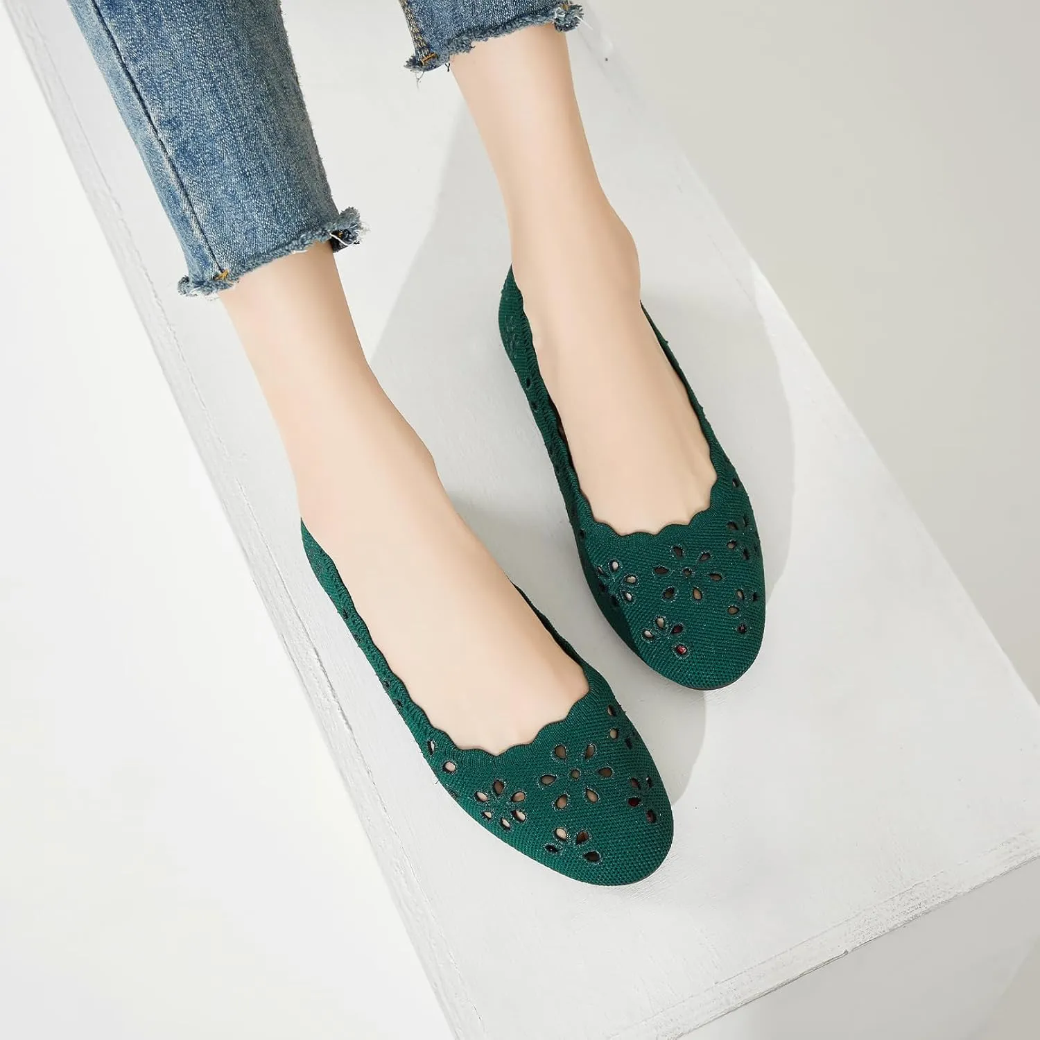 BABUDOG Knit Ballet Flats Shoes for Women,Womens Flats Dressy Comfortable,Women’s Dress Shoes with Flower Eyelets,Slip on Casual Walking Flats