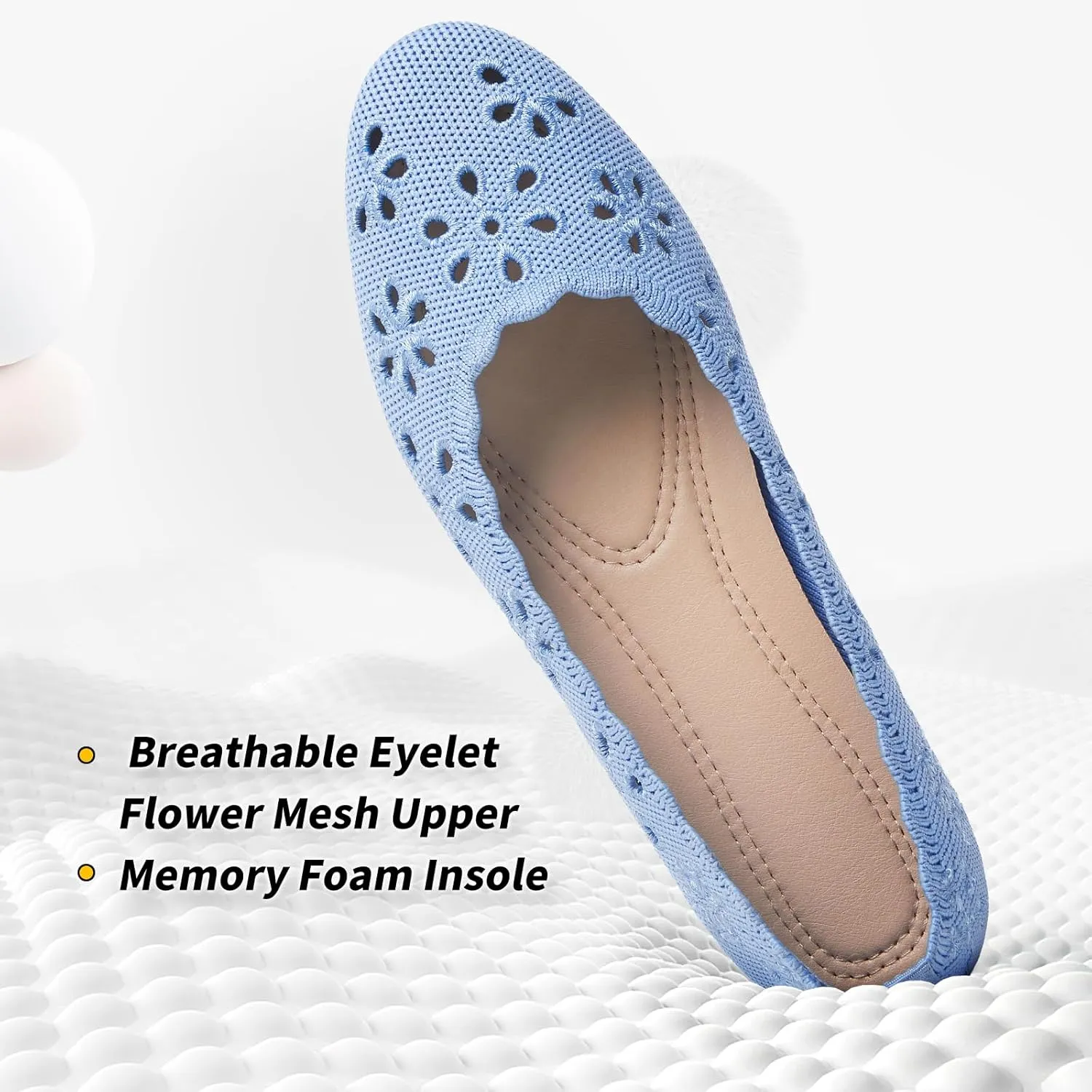 BABUDOG Knit Ballet Flats Shoes for Women,Womens Flats Dressy Comfortable,Women’s Dress Shoes with Flower Eyelets,Slip on Casual Walking Flats