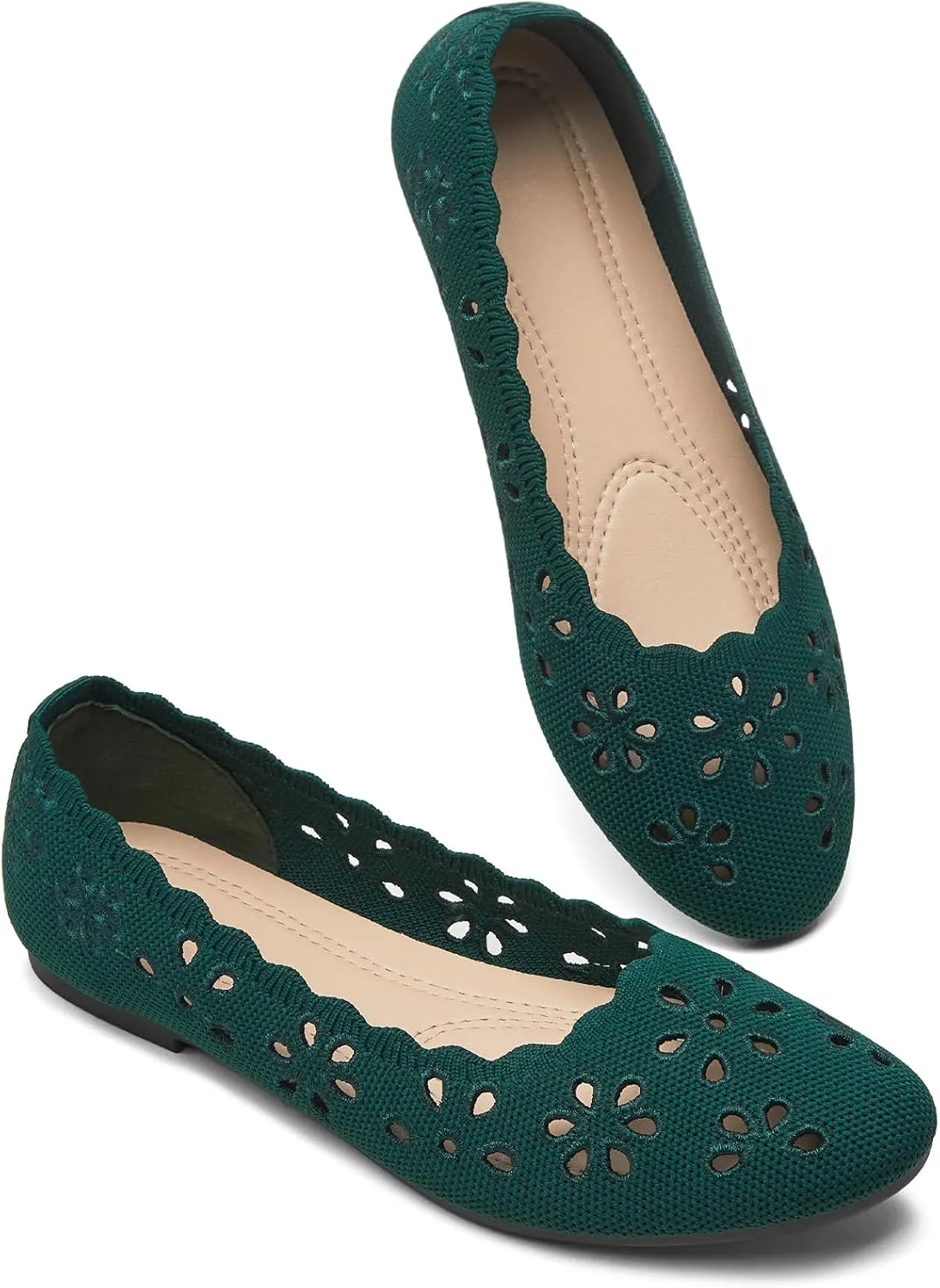 BABUDOG Knit Ballet Flats Shoes for Women,Womens Flats Dressy Comfortable,Women’s Dress Shoes with Flower Eyelets,Slip on Casual Walking Flats