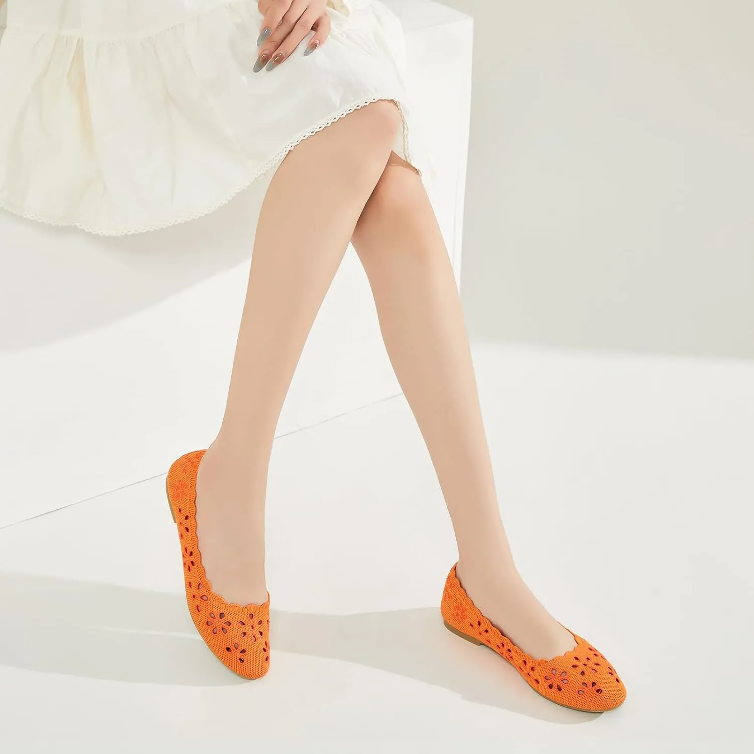 BABUDOG Knit Ballet Flats Shoes for Women,Womens Flats Dressy Comfortable,Women’s Dress Shoes with Flower Eyelets,Slip on Casual Walking Flats