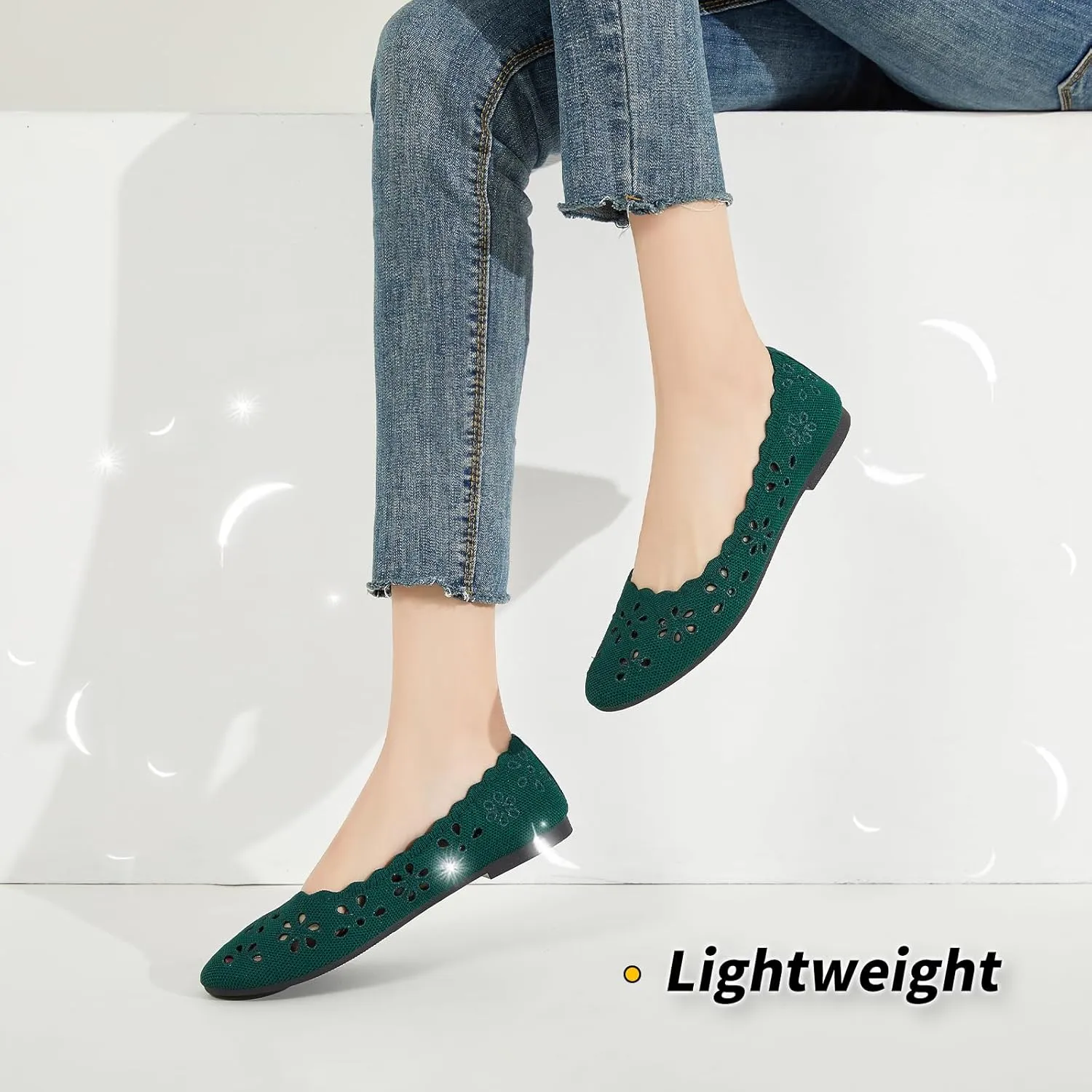BABUDOG Knit Ballet Flats Shoes for Women,Womens Flats Dressy Comfortable,Women’s Dress Shoes with Flower Eyelets,Slip on Casual Walking Flats