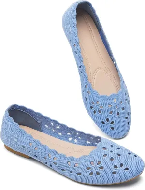 BABUDOG Knit Ballet Flats Shoes for Women,Womens Flats Dressy Comfortable,Women’s Dress Shoes with Flower Eyelets,Slip on Casual Walking Flats