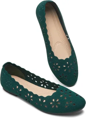 BABUDOG Knit Ballet Flats Shoes for Women,Womens Flats Dressy Comfortable,Women’s Dress Shoes with Flower Eyelets,Slip on Casual Walking Flats