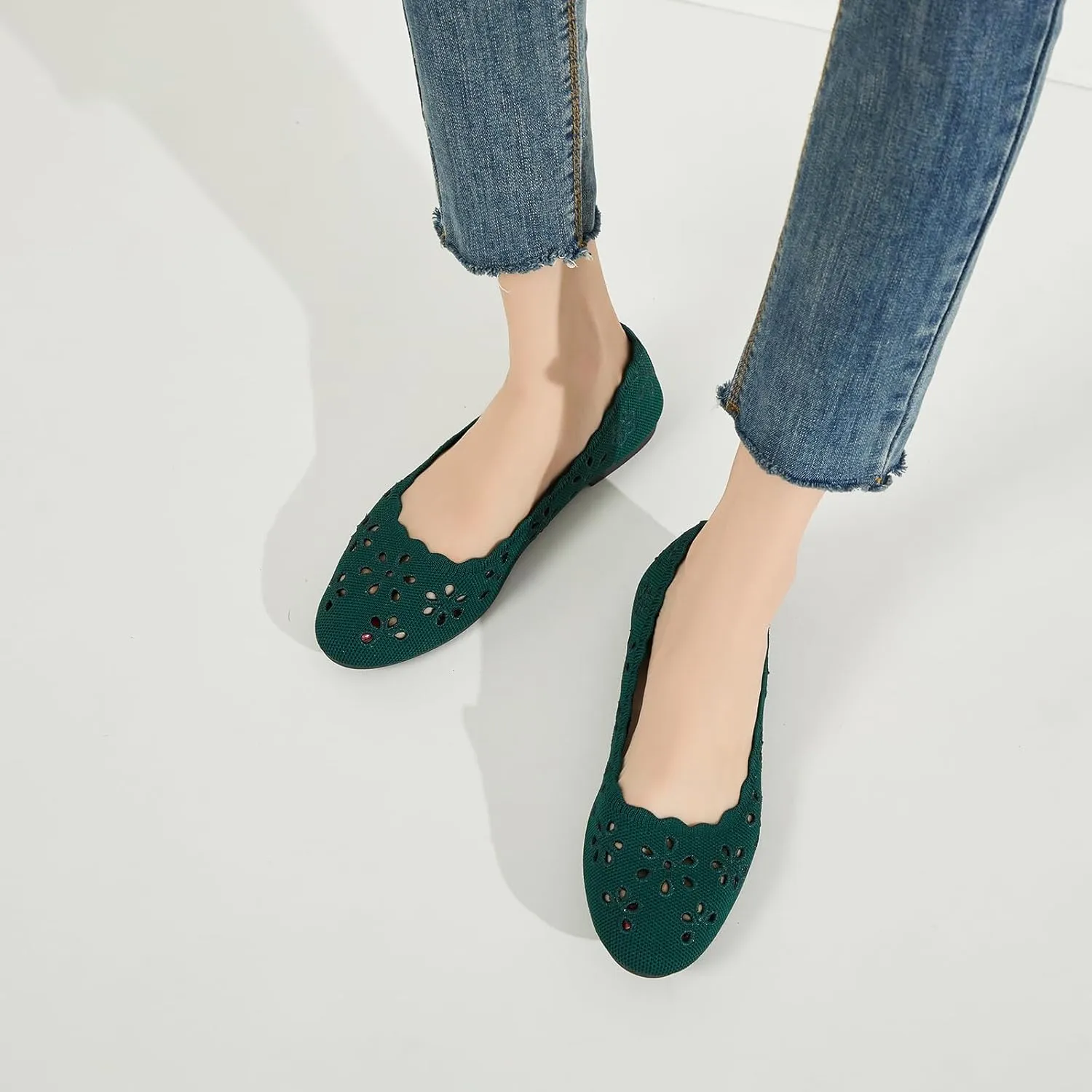 BABUDOG Knit Ballet Flats Shoes for Women,Womens Flats Dressy Comfortable,Women’s Dress Shoes with Flower Eyelets,Slip on Casual Walking Flats