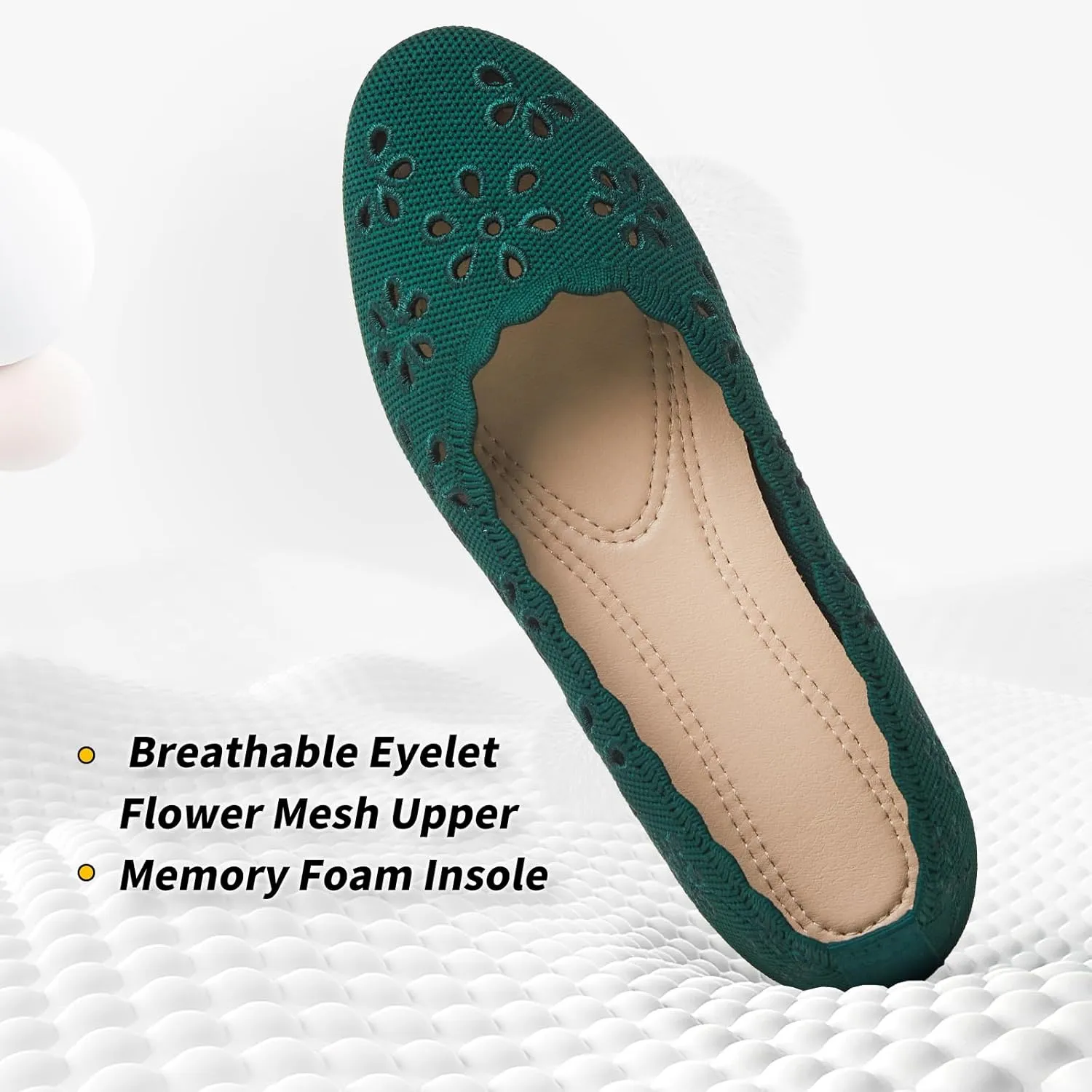BABUDOG Knit Ballet Flats Shoes for Women,Womens Flats Dressy Comfortable,Women’s Dress Shoes with Flower Eyelets,Slip on Casual Walking Flats