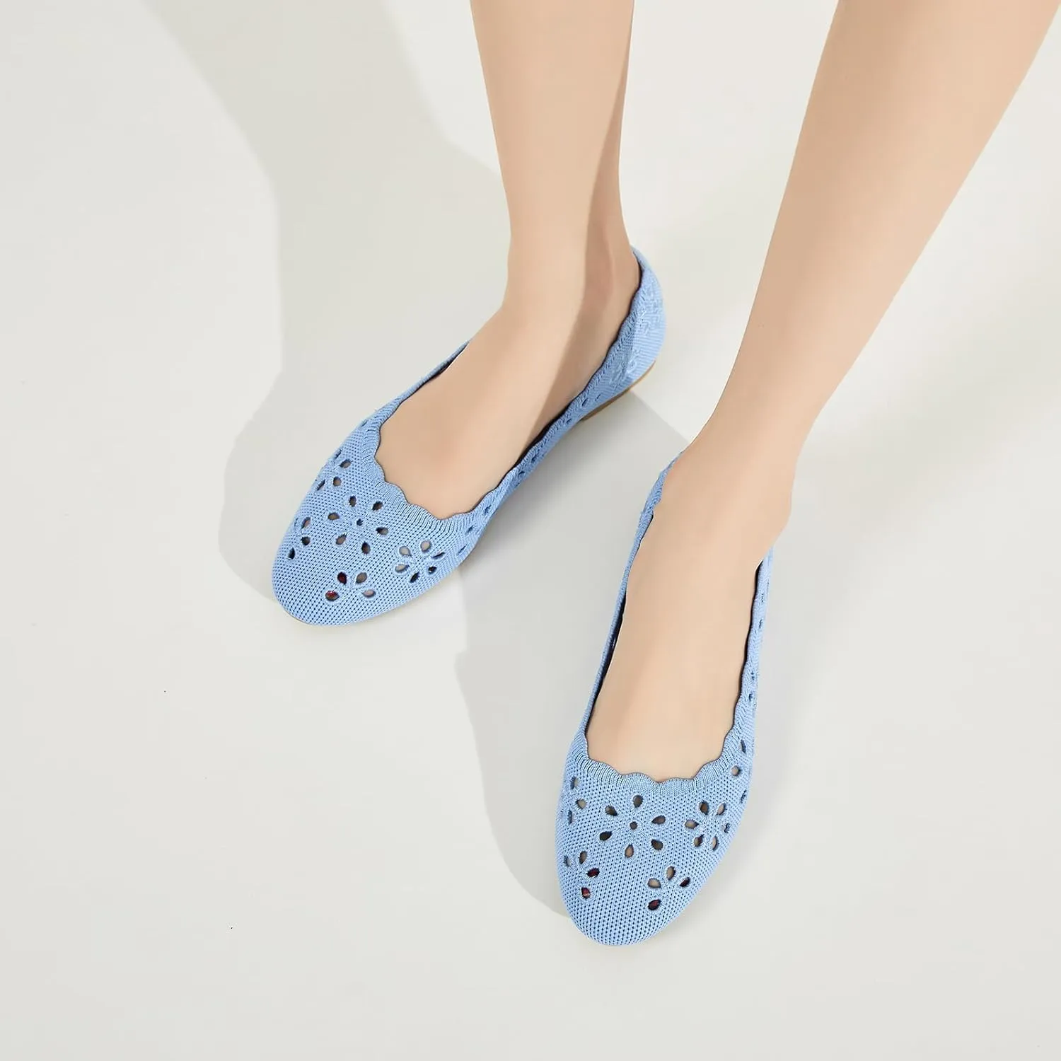 BABUDOG Knit Ballet Flats Shoes for Women,Womens Flats Dressy Comfortable,Women’s Dress Shoes with Flower Eyelets,Slip on Casual Walking Flats