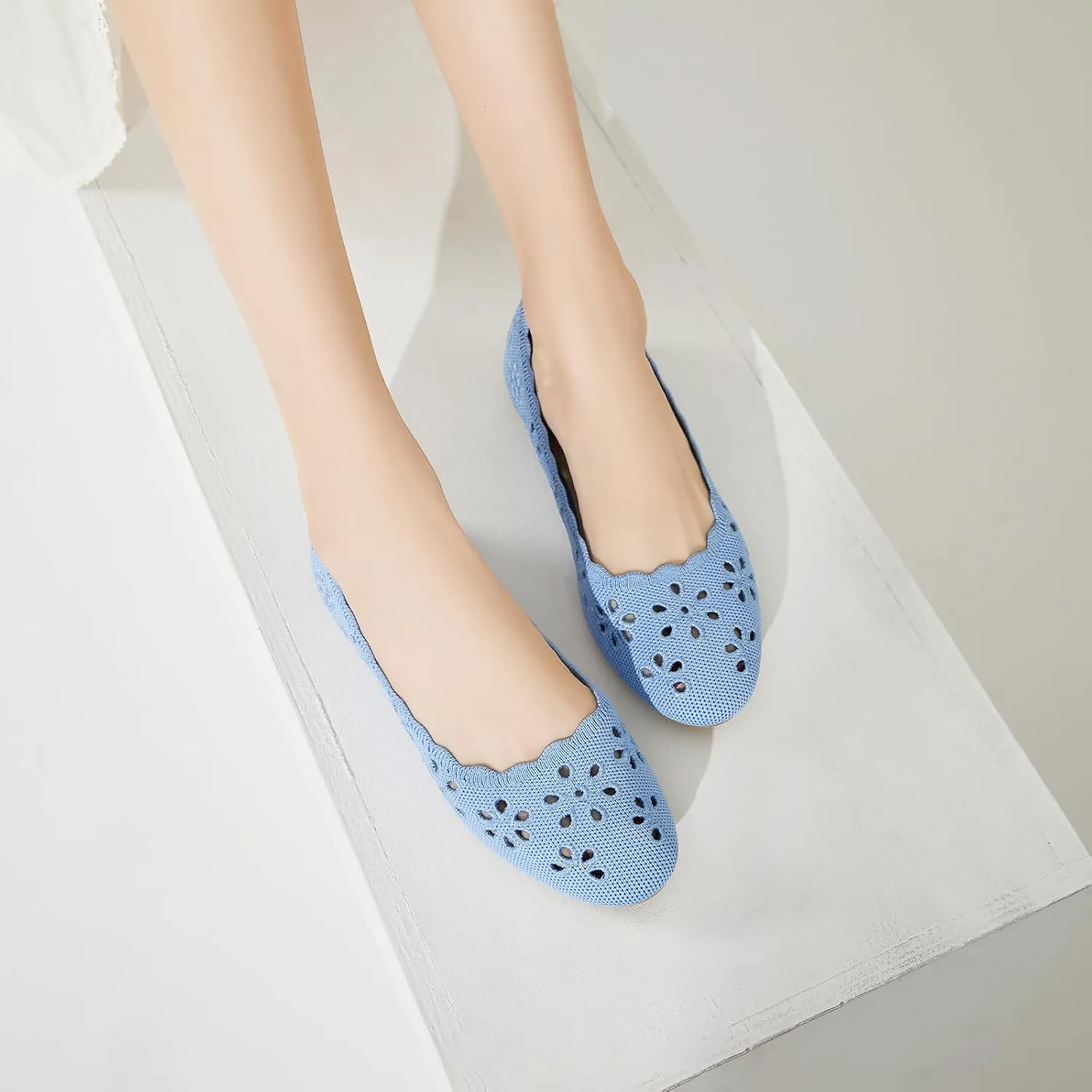 BABUDOG Knit Ballet Flats Shoes for Women,Womens Flats Dressy Comfortable,Women’s Dress Shoes with Flower Eyelets,Slip on Casual Walking Flats