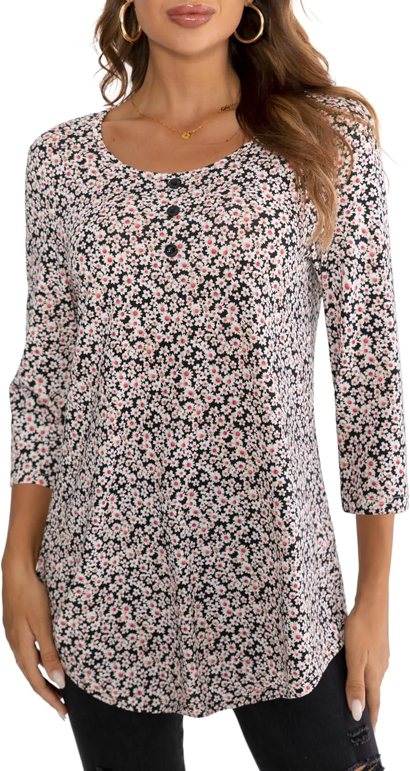 BAISHENGGT Women's 3/4 Sleeve Tunic Tops Floral Print Casual Flare Swing Blouse Buttons Up T Shirts