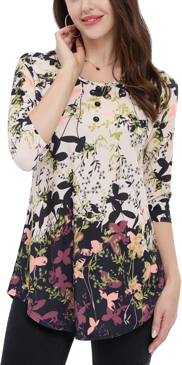 BAISHENGGT Women's 3/4 Sleeve Tunic Tops Floral Print Casual Flare Swing Blouse Buttons Up T Shirts