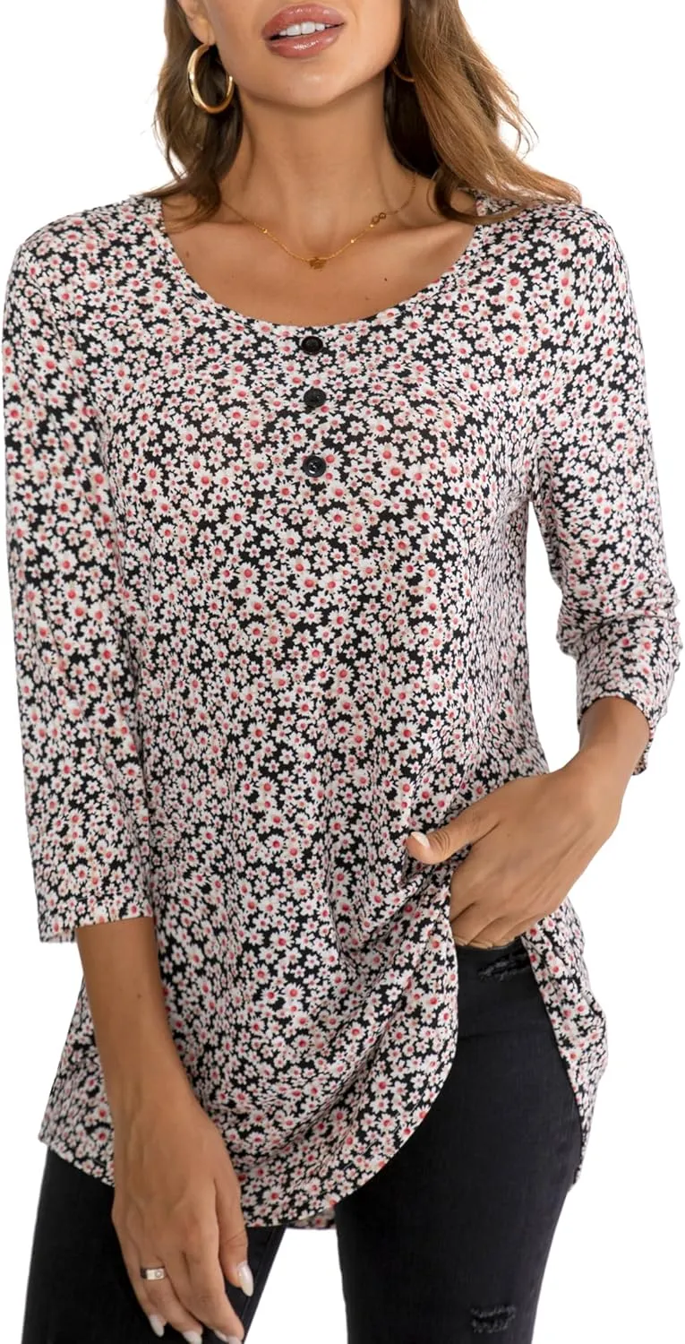 BAISHENGGT Women's 3/4 Sleeve Tunic Tops Floral Print Casual Flare Swing Blouse Buttons Up T Shirts