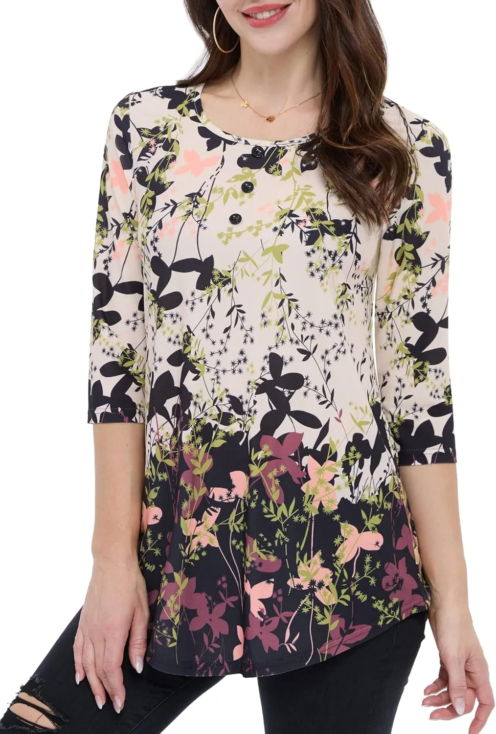 BAISHENGGT Women's 3/4 Sleeve Tunic Tops Floral Print Casual Flare Swing Blouse Buttons Up T Shirts