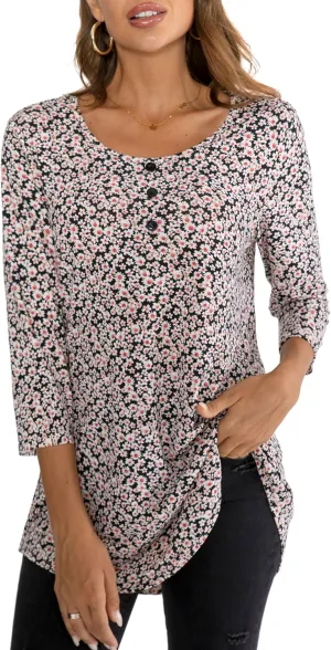 BAISHENGGT Women's 3/4 Sleeve Tunic Tops Floral Print Casual Flare Swing Blouse Buttons Up T Shirts