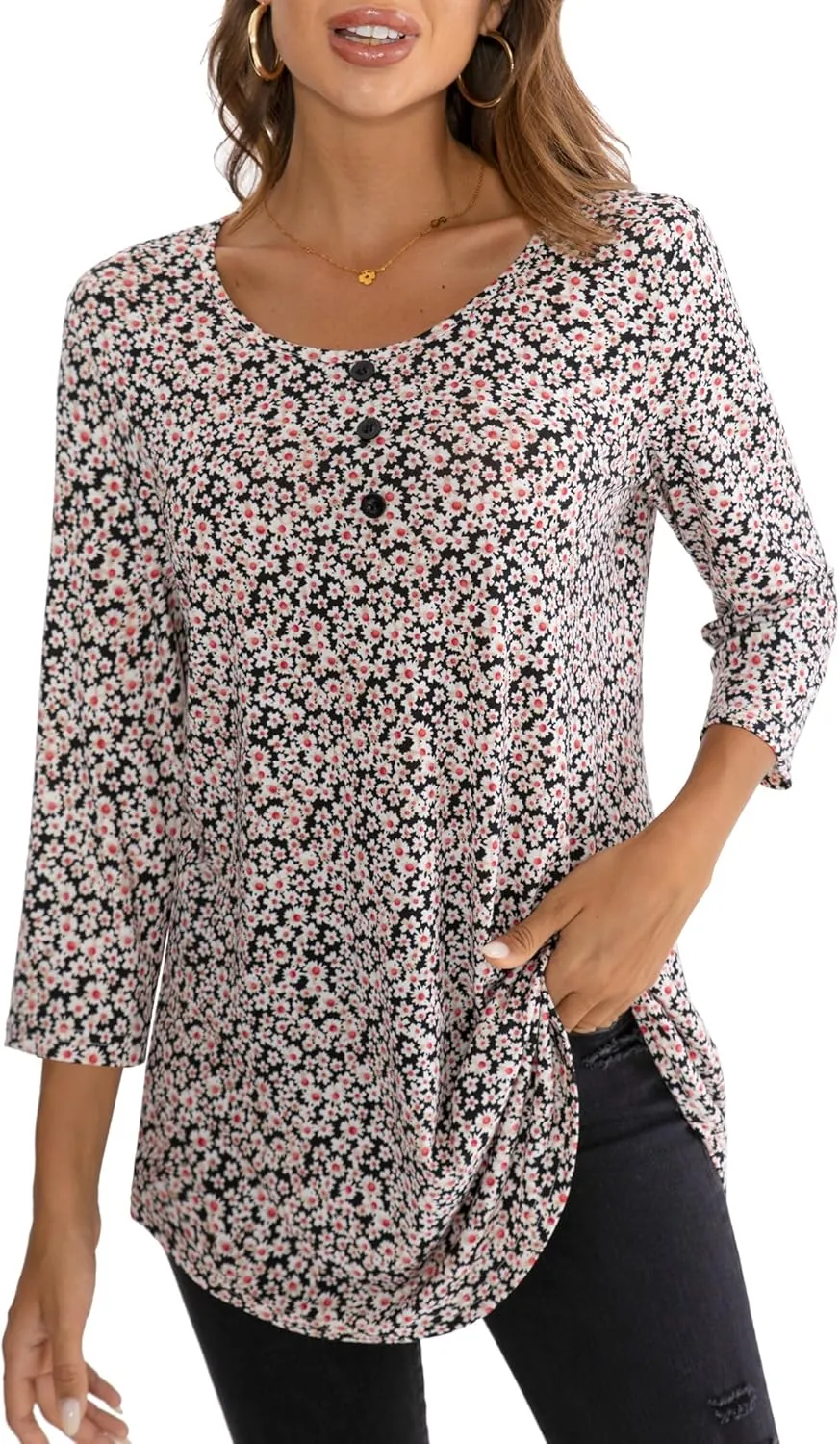 BAISHENGGT Women's 3/4 Sleeve Tunic Tops Floral Print Casual Flare Swing Blouse Buttons Up T Shirts