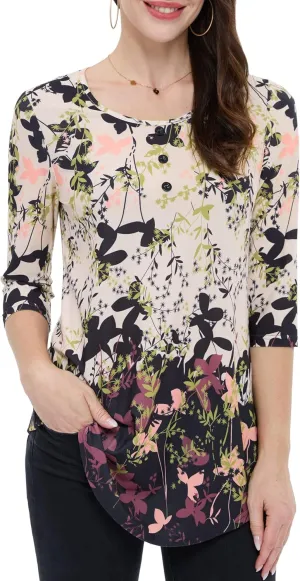 BAISHENGGT Women's 3/4 Sleeve Tunic Tops Floral Print Casual Flare Swing Blouse Buttons Up T Shirts